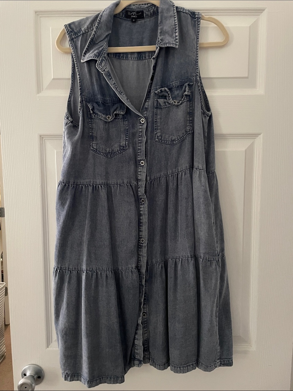 Sleeveless Washed Denim Button-Front Dress